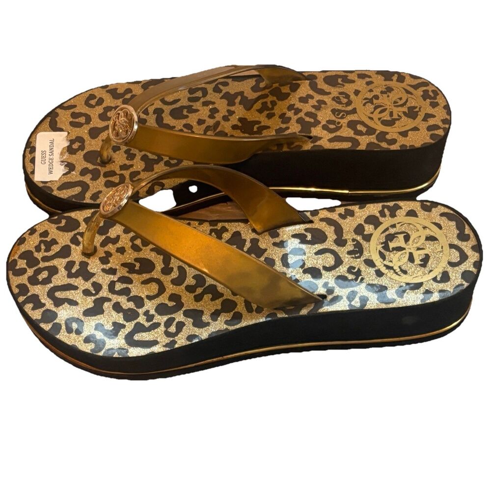 GUESS Womens Wedge Sandal Flip Flop Cheetah Leopard Gold Glitter Platform Lg 7.5